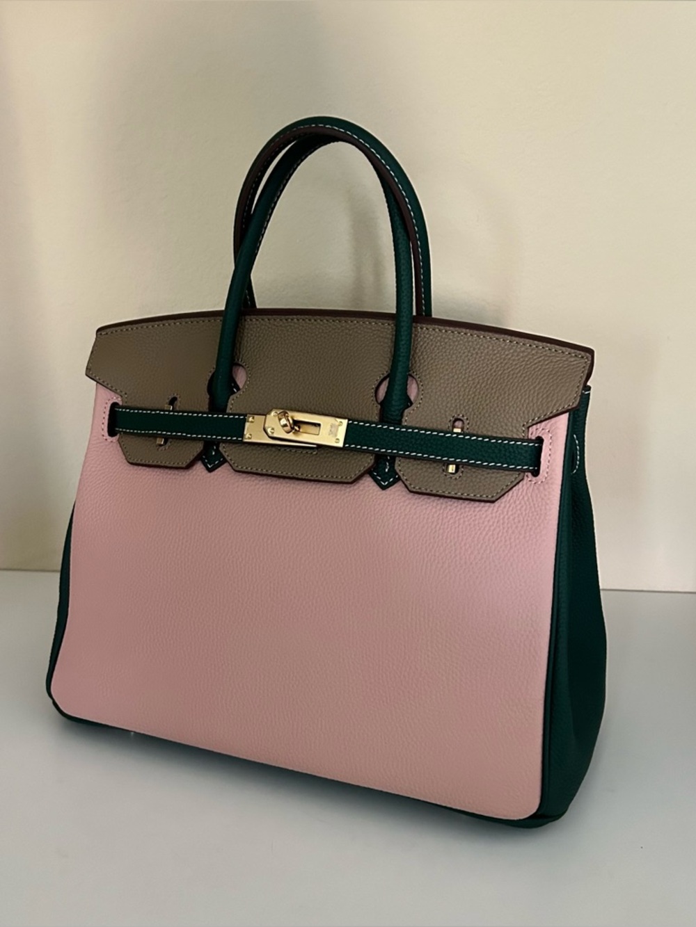 30cm Top Handle Tricolor Satchel - Pink, Taupe & Dark Green